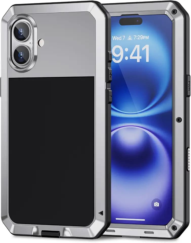 Lanhiem for iPhone 16 Case, Metal Heavy Duty Shockproof Tough Rugged Case with Built-in Glass Screen Protector, 360 Full Body DustProof Strong Protective Phone Cover for iPhone 16 6.1", Silver