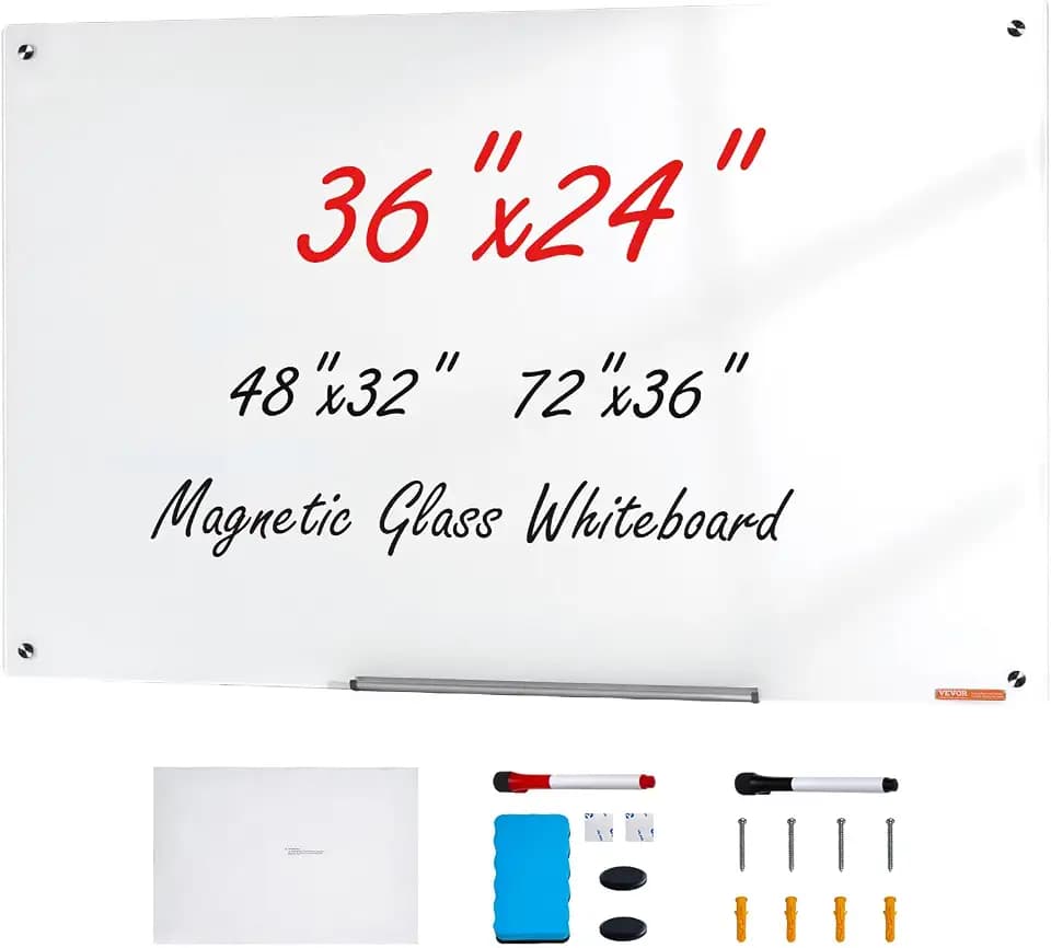 VEVOR Magnetic Glass Writing Board, Erasable 36"x24" Surface, Frameless Design for Wall, Includes Marker Holder, a Cleaning Tool, and 2 Writing Pens, White
