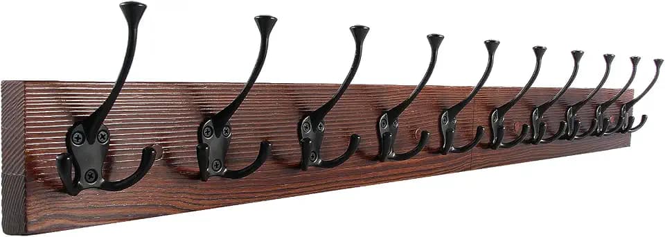 IBosins Brown Wood Wall Mounted Coat Rack, 34" Long with 10 Black Tri-Hooks