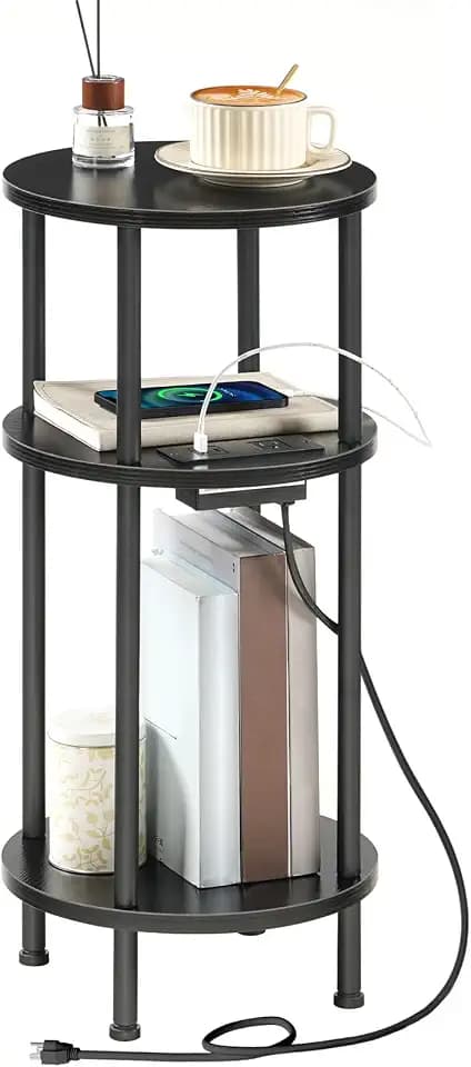 HOOBRO Small Round Side Table, Round End Table with Charging Station