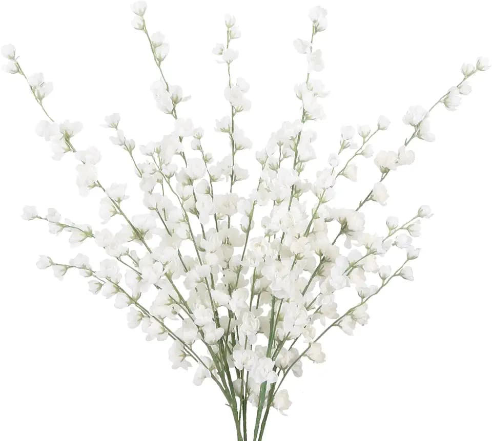 IPOPU White Delphinium Artificial Flowers,5PCS Silk Larkspur Faux Flowers 45.6in Tall Fake Flowers for Floor Vase Table Centerpieces Wedding Home Decor (White)