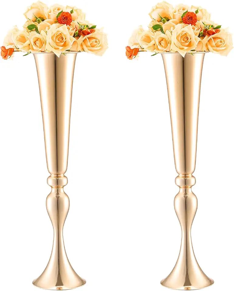 VEVOR 2PCS 56cm/22.05” Tall Wedding Flower Vase, Metal Wedding Trumpet Centerpiece, Gold Floral Stand Display Rack for Tables Wedding Dinner Party, Anniversary Ceremony Birthday Event Decor