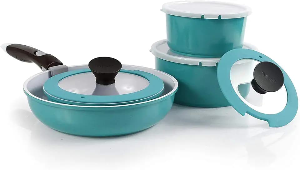 Neoflam Midas PLUS 9pc Nonstick Cast Aluminum Cookware Set, PFOA Free Kitchenware with Saucepan,Frying Pan,Stove|Oven Pot, Tempered Glass Lid and Smart Detachable Handle,Oven Safe,Space-Saving,Emerald