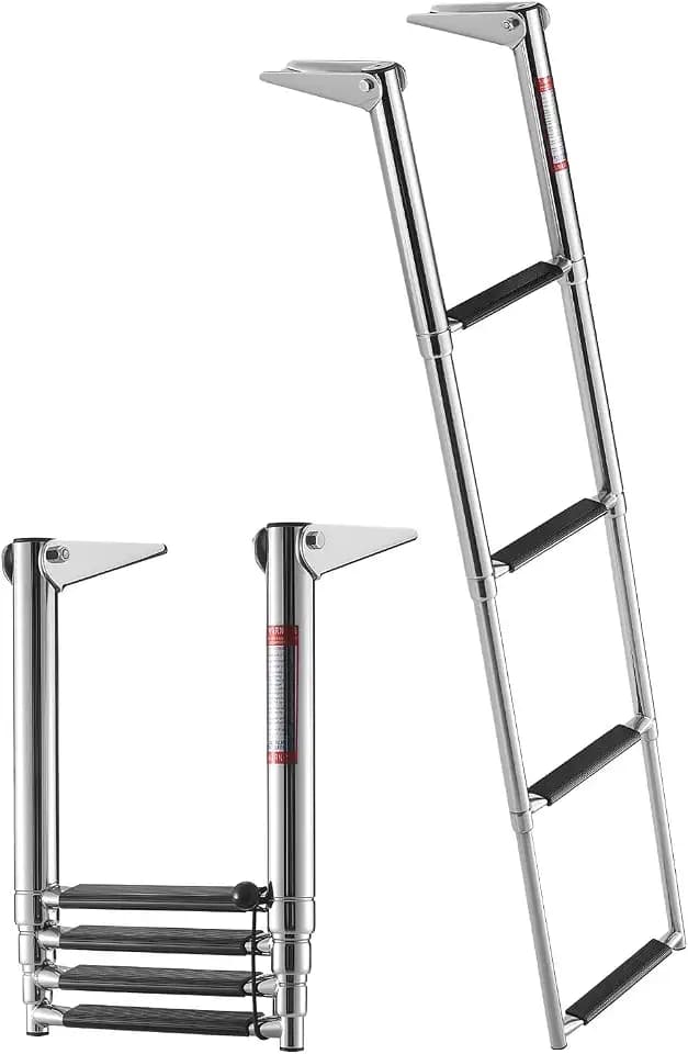 VEVOR Boat Ladder, 4 Steps Stainless Steel Telescoping Folding Swim Deck Ladder for Rear Entry Inboard, Heavy Duty 900 lbs Capacity with Wide Non-Slip Steps, for Outboards, Yacht, Pontoon Boats