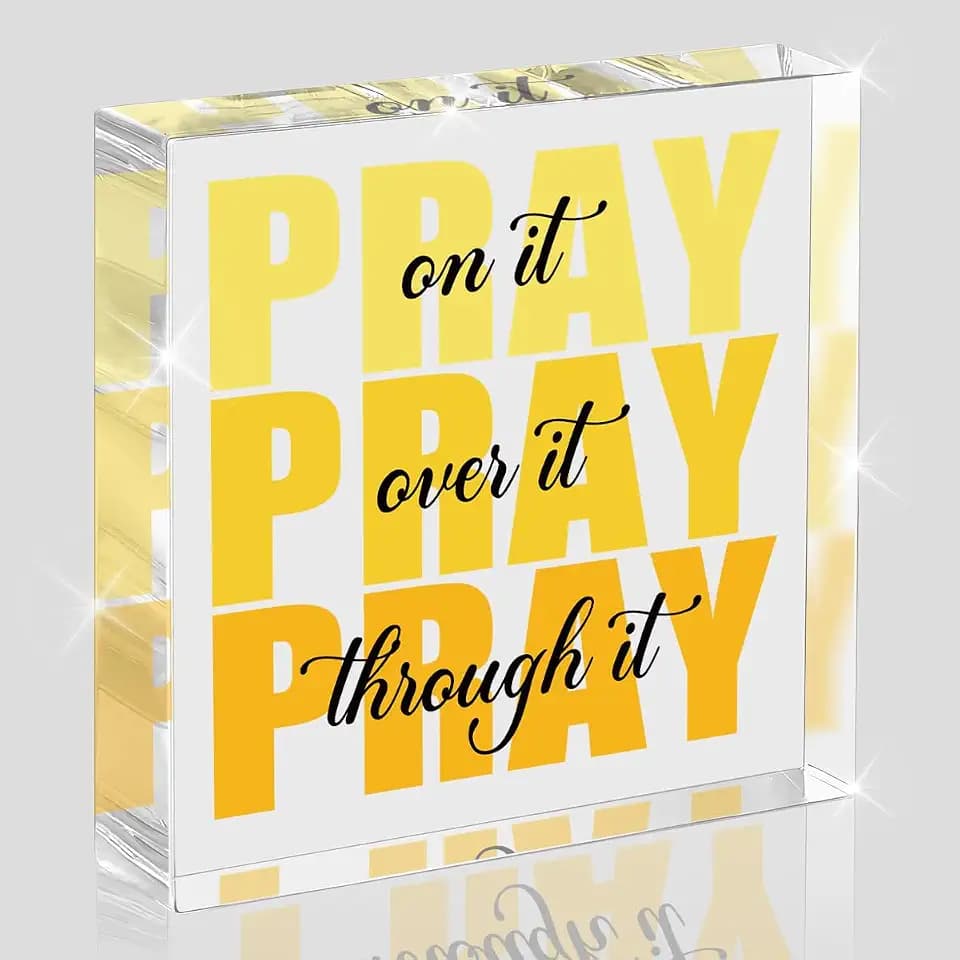 Yellow Room Decor, Inspirational Christian Gifts for Women, Yellow Dorm Bathroom Room Decoration, Office Decor for Women, Acrylic Office Desk Accessories Decoration Wall Art Sign-Pray through it