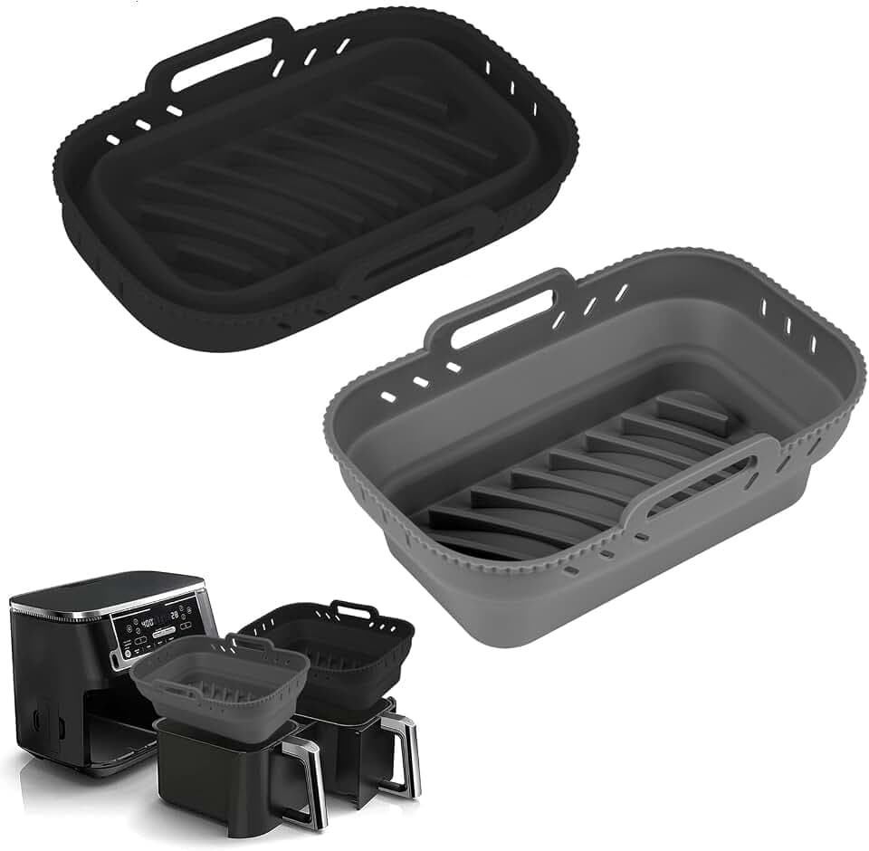 Small Air Fryer Silicone Liners, 7.56 x 5.12 inch Small Rectangle Collapsible Airfryer Liner, Reusable Non-Stick Baking Trays for Ninja DZ201/DZ401/DZ550 Instant Air Fryer, 2 Pack (Grey+Black)