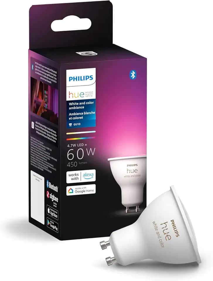Philips Hue Smart 60W GU10 LED Bulb - White and Color Ambiance Color-Changing Light - 1 Pack - 450LM - Indoor - Control with Hue App - Compatible with Alexa, Google Assistant and Apple Homekit