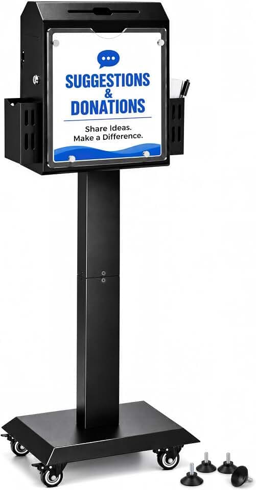 42 Inch Suggestion Box with Stand and Wheels, Lockable Heavy-Duty Metal Donation & Offering Box, Ballot Box with Sign Holder, 2 Keys, Side Pockets & Suction Cups for Church & Office