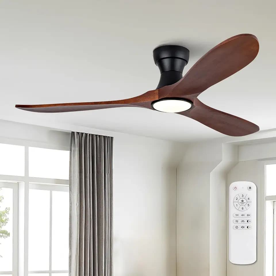 52 Inch Wood Flush Mount Ceiling Fans with Lights and Remote, Dimmable 3 Blade Wood Bedroom Ceiling Fan with Lights Low Profile Ceiling Fans with Light Outdoor Ceiling Fan for Patios Bedroom