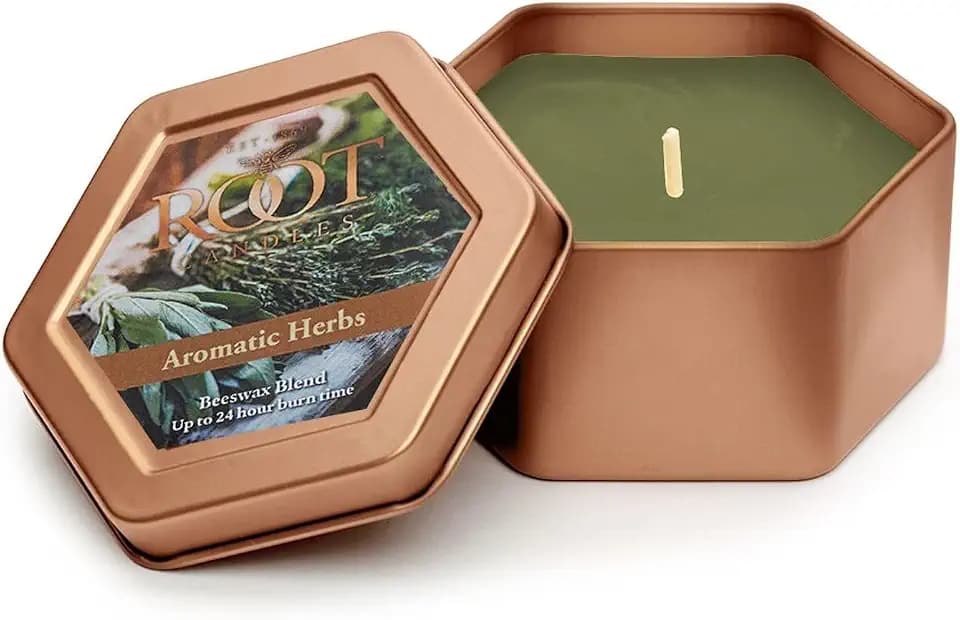Root Candles Scented Candles in Travel Tin 24-Hour Honeycomb Traveler Handcrafted Beeswax Blend Candle, 4-Ounce, Aromatic Herbs
