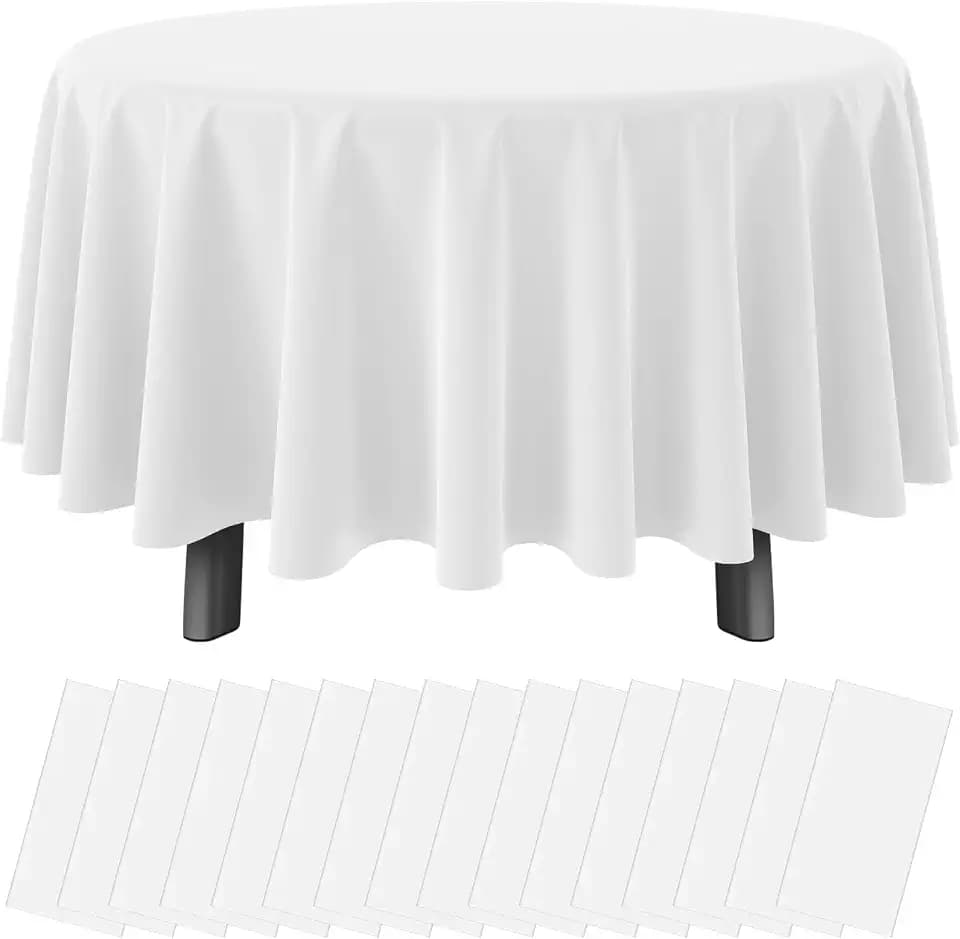 16 Pack White Plastic Tablecloth for Round Tables, Premium Decorative White Disposable Table Cloths for Parties, Bulk Round Party Table Cover for Birthday Wedding Anniversary Graduation, 84 Inch