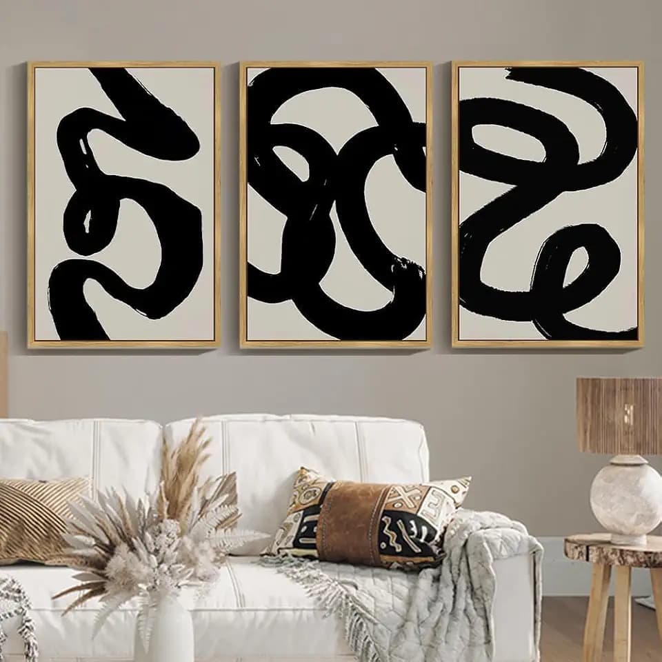 PHOPAGO Black Abstract Wall Art Large 24x36in Ink Wash Minimalist Lines Framed Canvas Painting Artwork Living Room Bedroom Home Decor Natural Framed