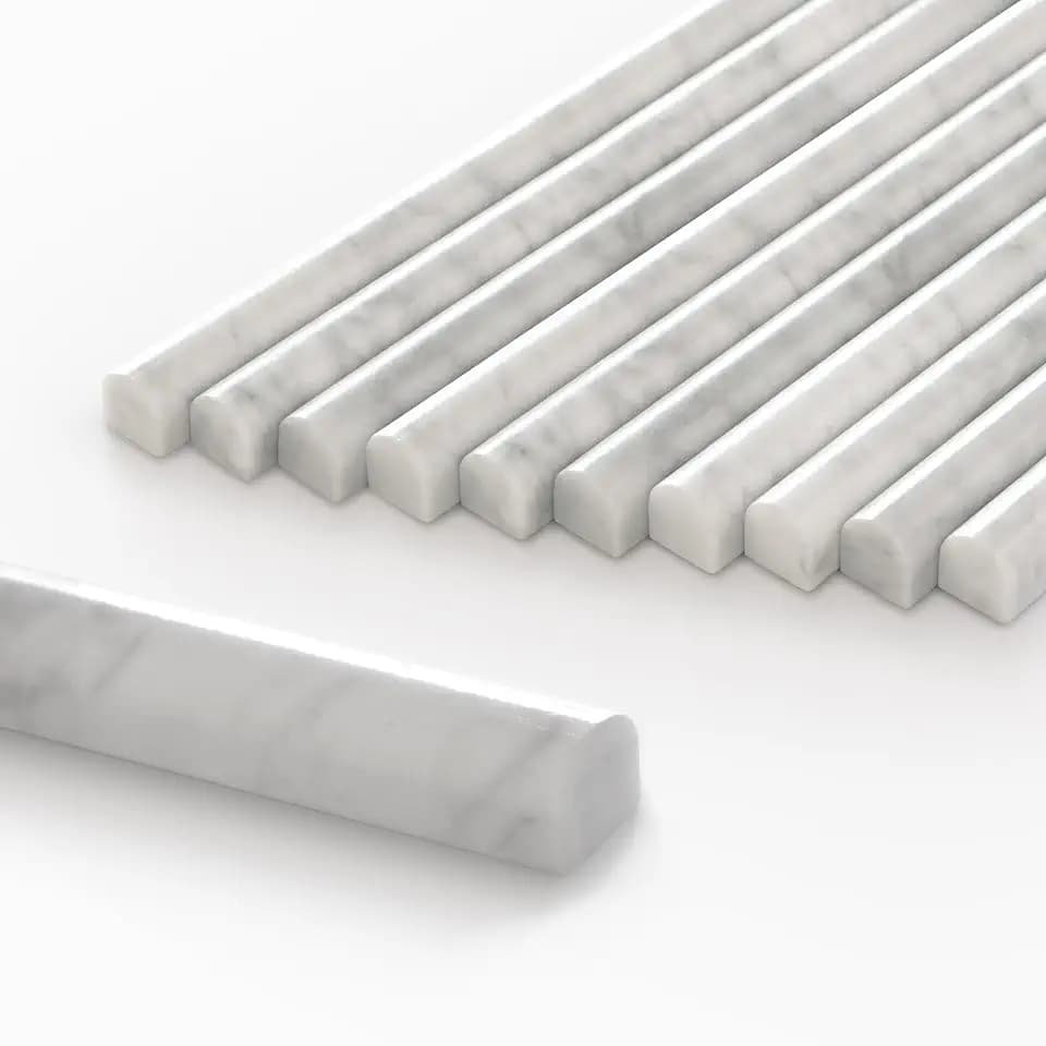 10-Pack Carrara White Marble Pencil Liner Tile, 3/4" x 12" Honed Natural Stone Bullnose Tile Edge Trim Molding for Kitchen Backsplash, Bathroom and Shower Wall