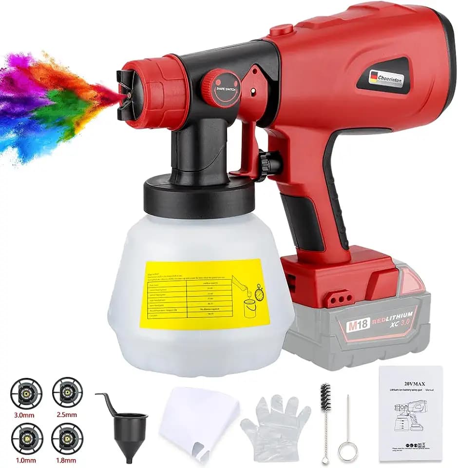 Choerinton Paint Sprayer Compatible with Milwaukee M18 18V Battery, Cordless HVLP Electric Paint Gun with 3 Spray Patterns & 4 Nozzle Sizes for House, Furniture & Cabinet Painting (Tool Only)