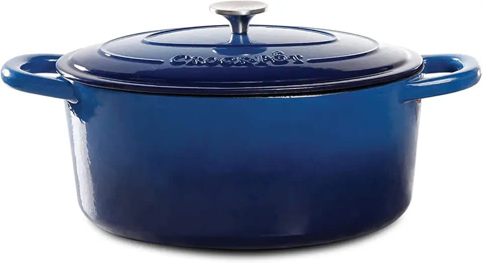 Crock Pot Artisan 7-Quart Oval Enameled Cast Iron Dutch Oven – Sapphire Blue, Heavy-Duty Cookware for Slow Cooking, Roasting, Baking with Lid