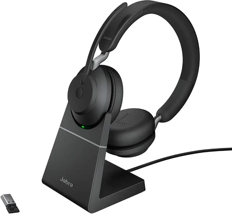 Jabra Evolve2 65 Wireless PC Headset with Charging Stand – Noise Cancelling Microsoft Teams Certified Stereo Headphones with Long-Lasting Battery – USB-A Bluetooth Adapter – Black