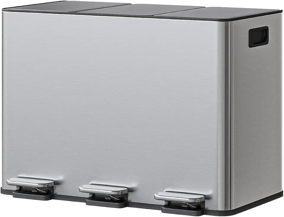 GarveeHome 3-in-1 Stainless Steel Recycling Trash Can, 3 x 4 Gallon (12 Gal Total) Triple Compartment Kitchen Garbage Bin with Soft-Close Step Lid, Hands-Free Waste Sorting for Home, Silver