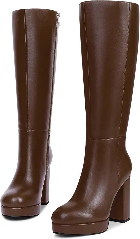Women's Platform Knee High Boots Chunky Heel Side Zipper