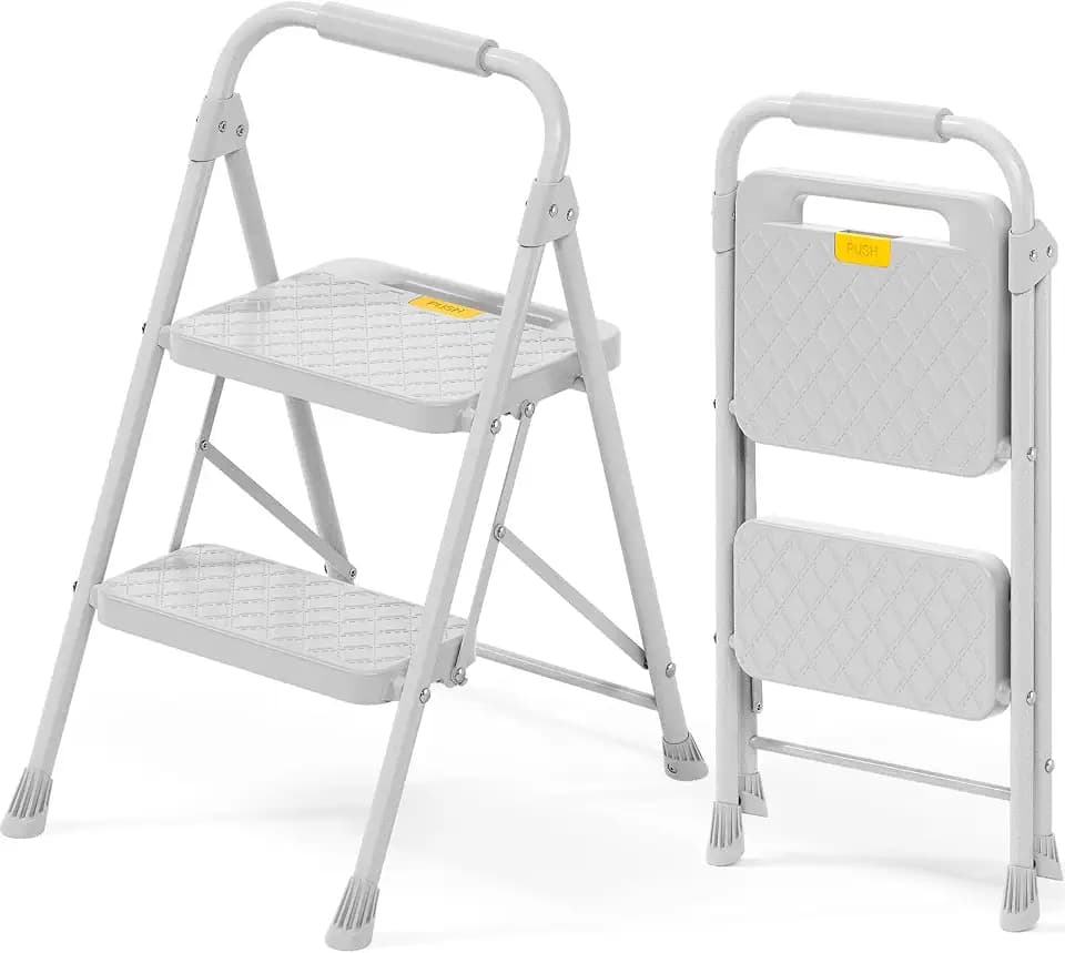KINGRACK 2 Step Ladder, Folding Step Stool with Safety Lock & Sturdy Anti-Slip Pedals, Pass 800lbs Load Testing, Lightwegiht, Portable Steel Ladder with Handrails for Home, Kitchen, Garage, Office