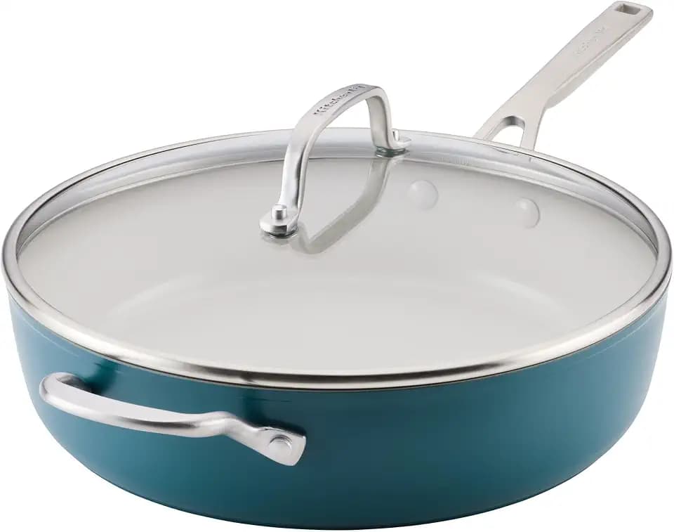 KitchenAid Hard Anodized Ceramic Induction Nonstick Cookware Saute Pan/Jumbo Cooker with Lid and Helper Handle, Dishwasher Safe, 5 Quart Non Stick Sauteuse with Stainless Steel Handles - Agave Blue