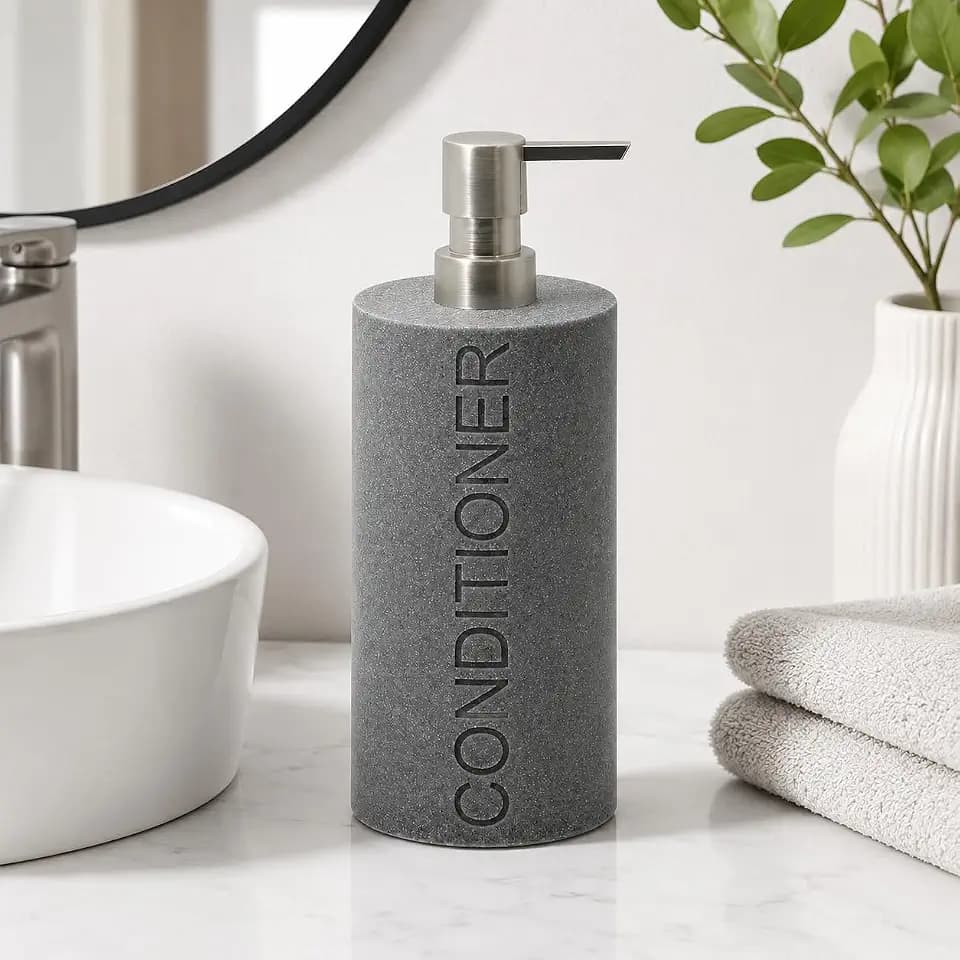 Resin Neutral Gray Sandstone Conditioner Engraved Bottle Refillable Pump Dispenser, Durable Waterproof Resin Construction for Bath, Shower - Gray Sandstone Satin Nickel Pump