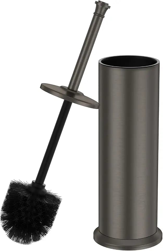 Pewter Toilet Brush and Holder,Extra Long Handled Toilet Brush for Bathroom,Stainless Steel Heavy Duty Toilet Bowl Brush,Removable Inner Bowl,Deep Cleaning Dense Bristles Cleaner Brush -Space Saving
