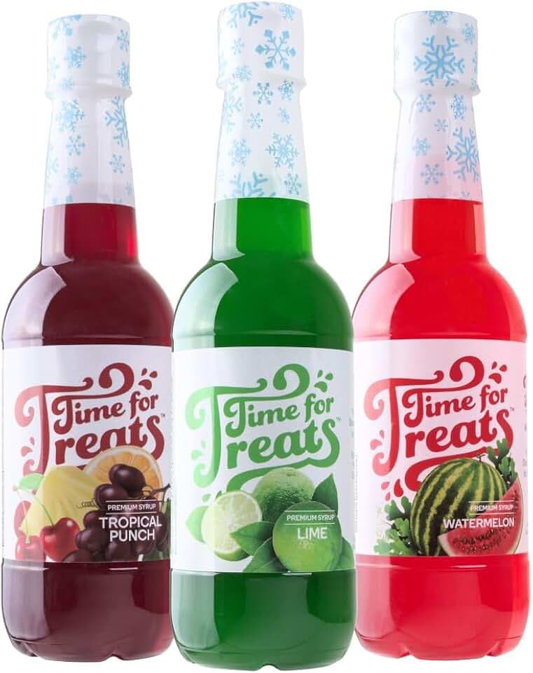 Time For Treats 3-Pack Tropical Punch, Watermelon, Lime Syrup 16.9 Fluid Ounce Per Bottle for Snow Cones, Homemade Sodas, Cocktails, Coffee, Baking and More
