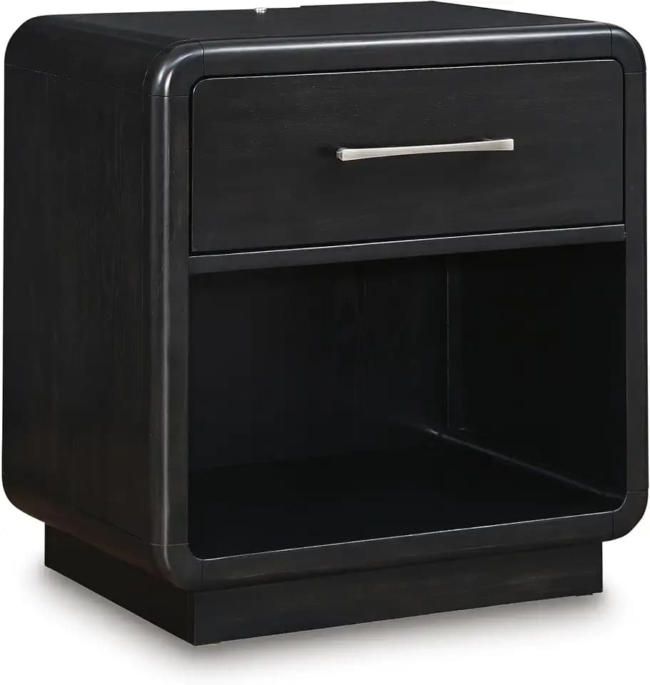 Signature Design by Ashley Rowanbeck Nightstand with LED Nightlight & Charging Station, Curved Waterfall Edge, Hardwood Solids, Ash Veneer & Engineered Wood, Modern Bedside Table for Bedroom, Black