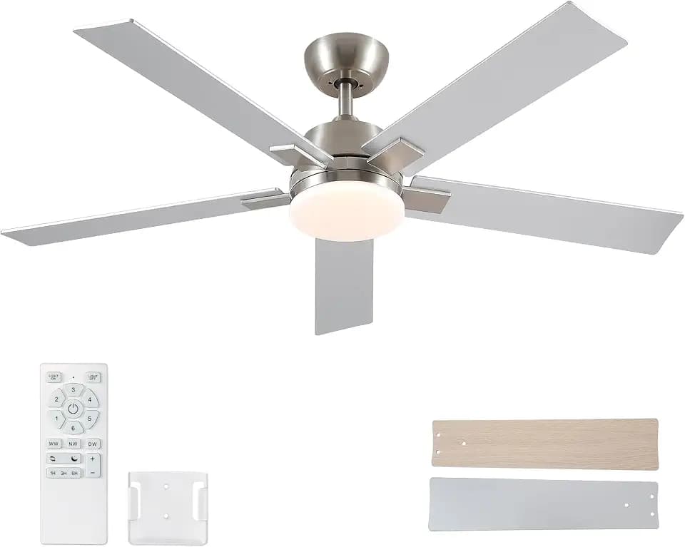 Rayqueen 52Inch Brushed Nickel Ceiling Fans with Lights and Remote,Downrod