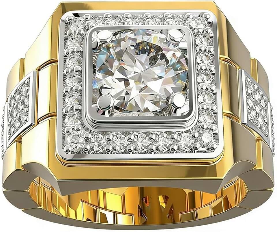 18k Gold Plated Sterling Silver Shiny Full CZ Crystal Diamond Two Tone Engagement Wedding Ring Round Cut Cubic Zirconia Hip Hop Men's Cocktail Party Ring(10)