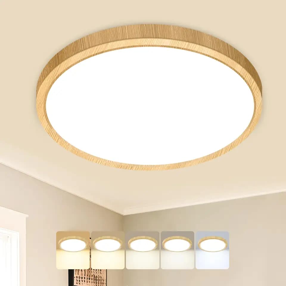 Peasur Deckenlampe LED Deckenleuchte Flach,5Farben-3000/3500/4000/5000/6500K,Wasserfest Badezimmer Lampe Decke,18W Modern Rund Lampe für bad flur schlafzimmer keller Wohnzimmer Büro,22 * 1.6cm Holz