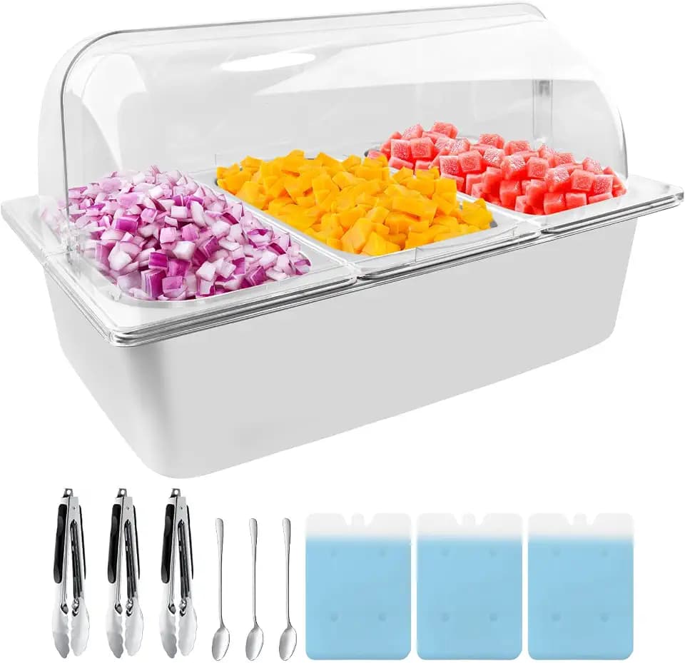 Countertop Food Serving Display Container with Clear Roll Top Cover, Catering Supplies Buffet Display, Perfect Salad Bar Buffet Station for Home and Catering Supplies, Cold Food Buffet Server(3 Pan)