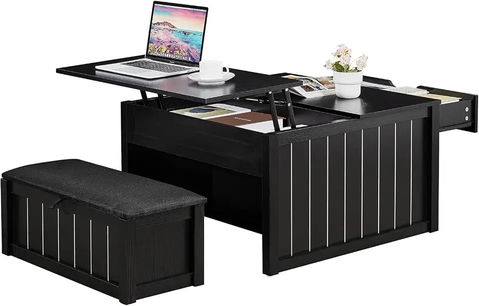 ONBRILL 31.5" Lift Top Coffee Table with Ottoman Bench, Square Coffee Tables with Large Storage for Living Room, Apartment, Black