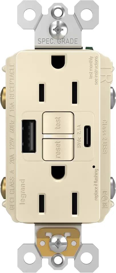 Legrand Radiant 15 Amp TR GFCI Outlet USB Type A/C Light Almond 1 Pack