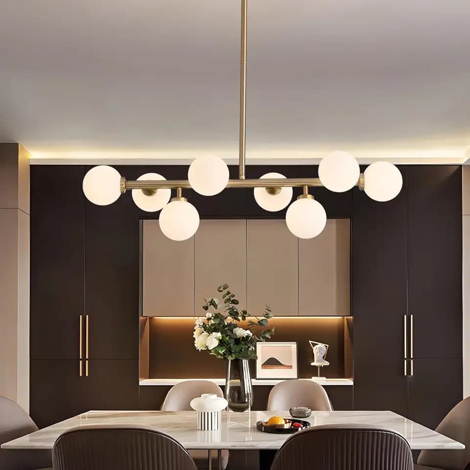Modern Linear Chandelier, Mid Century Gold Sputnik Pendant Light with White Glass Lampshade,8 Lights Globe Rectangle Chandelier,for Dining Room Kitchen L31.4 in x W10.6 in