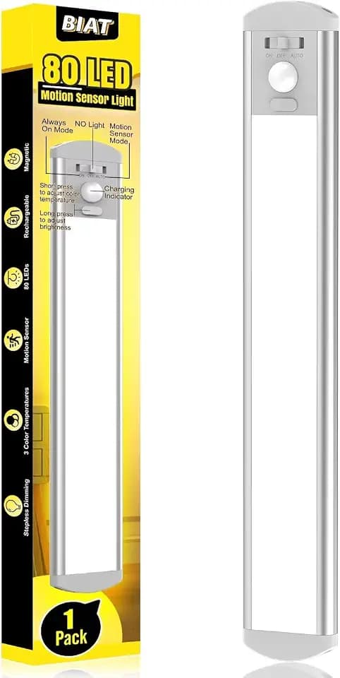 BIAT Under Cabinet Lights, 80 LED Motion Sensor Indoor, Rechargeable Closet Lights with 3 Color Temps, Dimmable