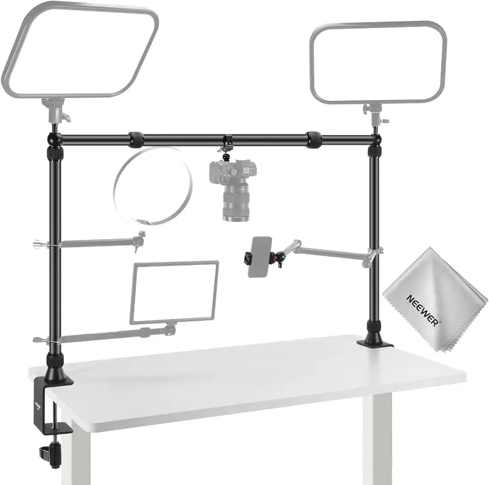 NEEWER Kamera Halterung, Overhead Tischstativ Mount mit Handyhalter/2 Kugelköpfen/Armen/Super Clamp/Reinigungstuch für Mic Webcam, Klemmstativ für mehrere Geräte, einstellbare Höhe Breite, Max 12kg