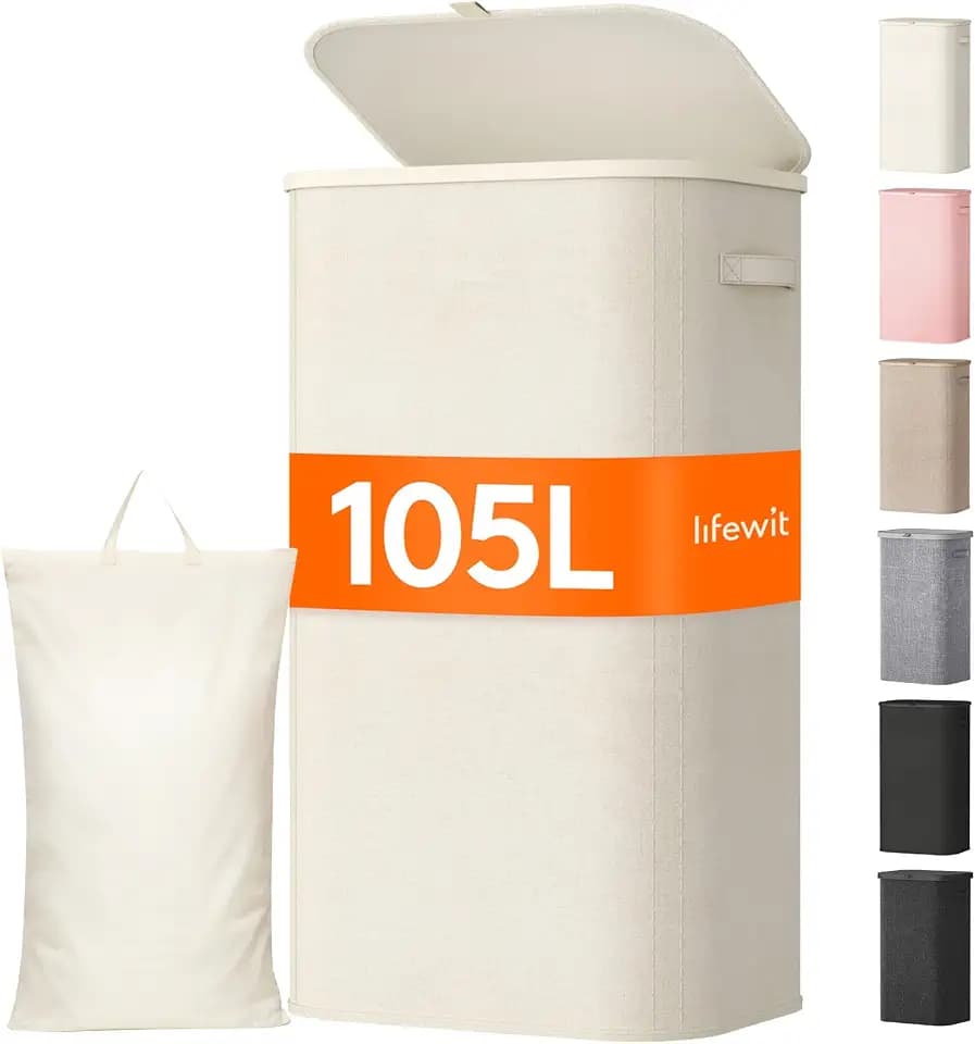 Lifewit 105L Large Laundry Hamper with Lid, Removable Inner Bag, White