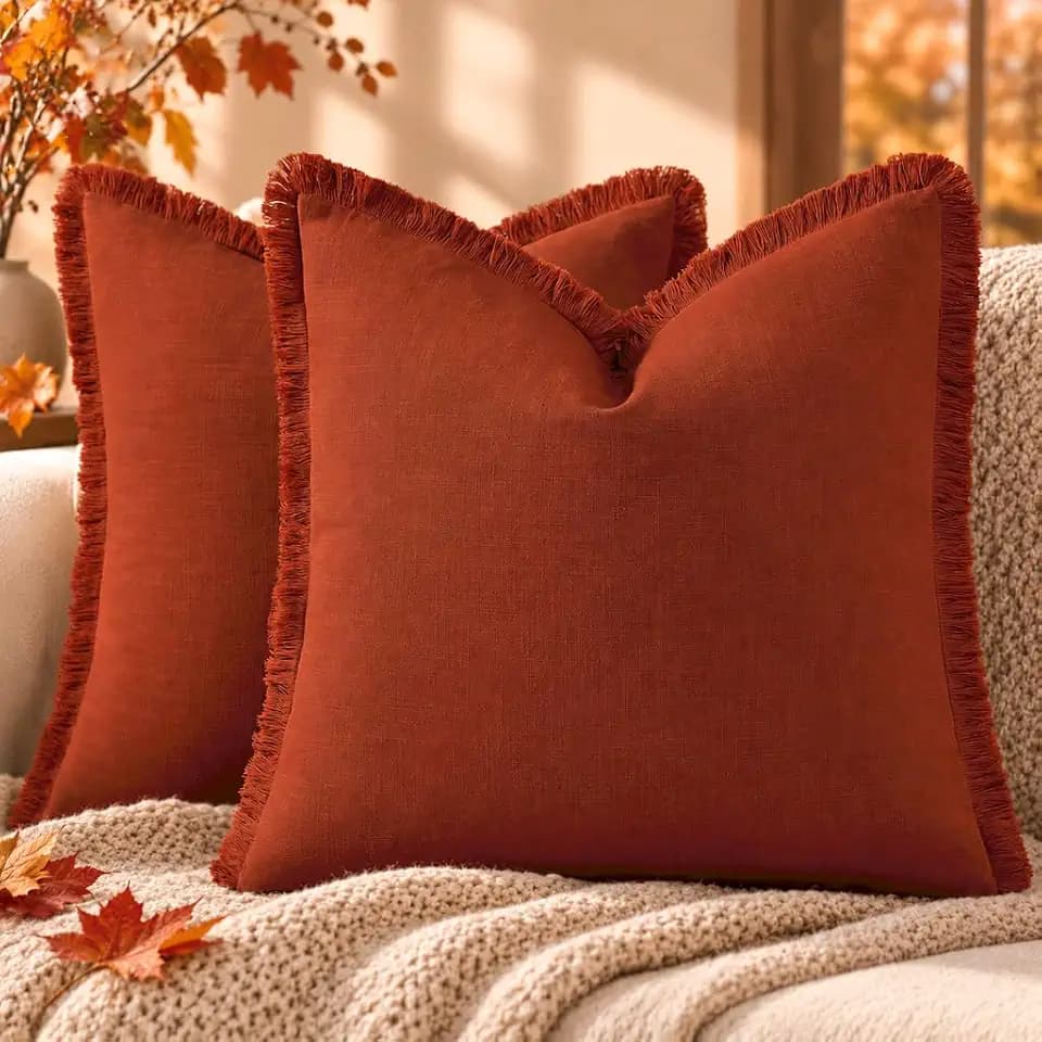 decorUhome Linen Fringe Rust Throw Pillow Covers 18x18 Set of 2