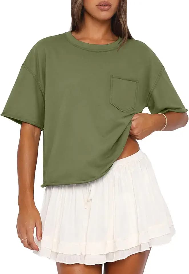 ATHMILE Womens Crop Tops Workout Shirts Gym Oversized Spring Summer Basic Tees Short Sleeve Casual Loose Drop Shoulder 2026