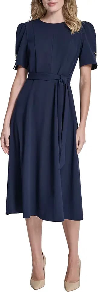 DKNY Women's Short Puff Sleeve Jewel Neck Midi Dress Removable Belt Scuba Crepe Dress