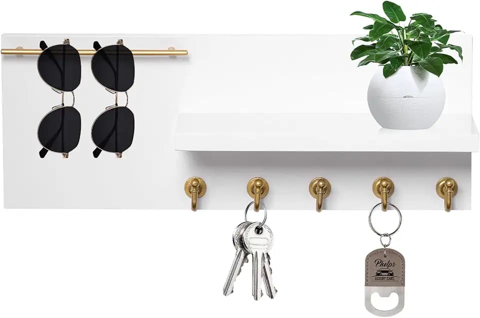 SANY DAYO HOME Real Wood Key Holder Rack Wall Mount 16 x 6 inches White and Gold Entryway Shelf with 5 Hooks, Metal Sunglass Bar, and Floating Board for Keychain, Purse