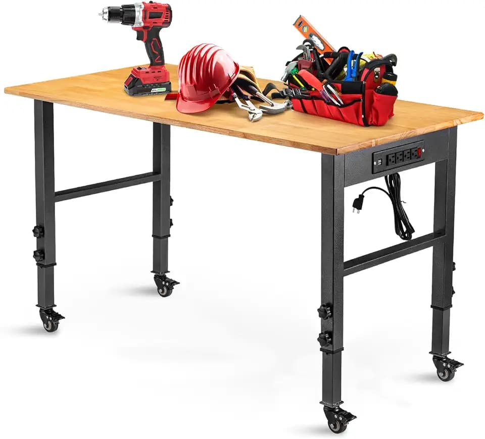 OLBRUS 48" Adjustable Workbench with Power Outlet and Wheels