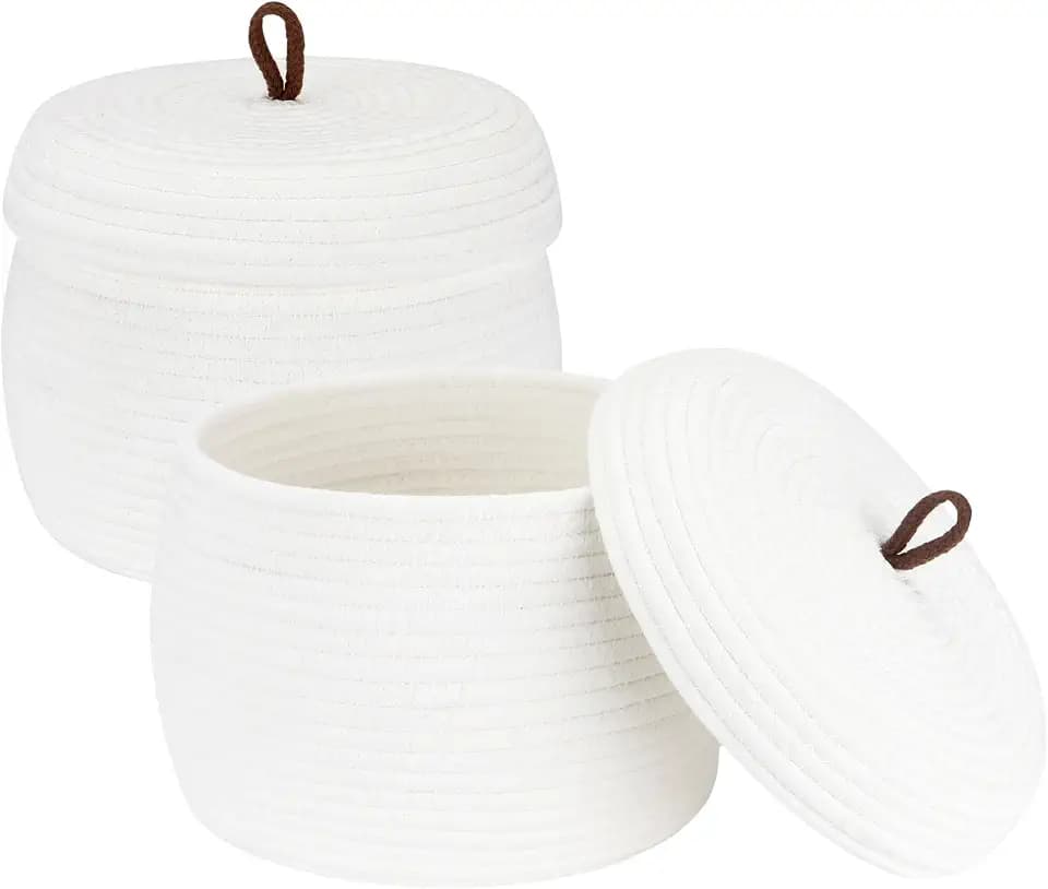 Sea Team Round Woven Cotton Rope Storage Basket with Lid, White, 2-Pack