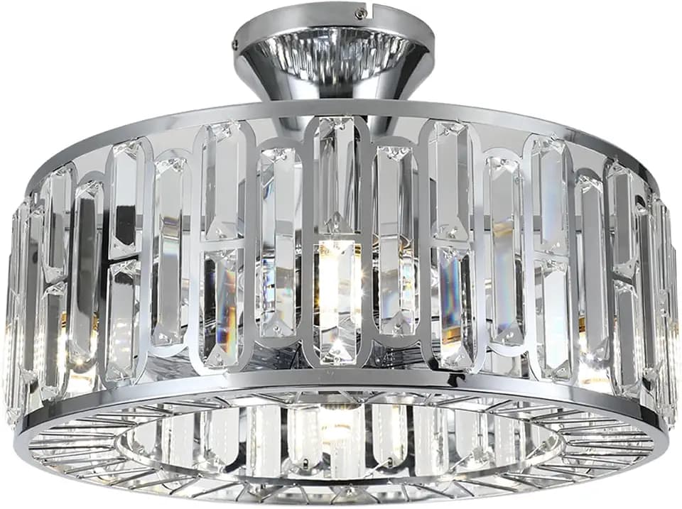 18" Crystal Caged Ceiling Fan with Lights Flush Mount,Remote Control 3-Speed Modern Bladeless Fandelier, Silvery Chandelier Fan Light for Bedroom, Living Room, Dining Room