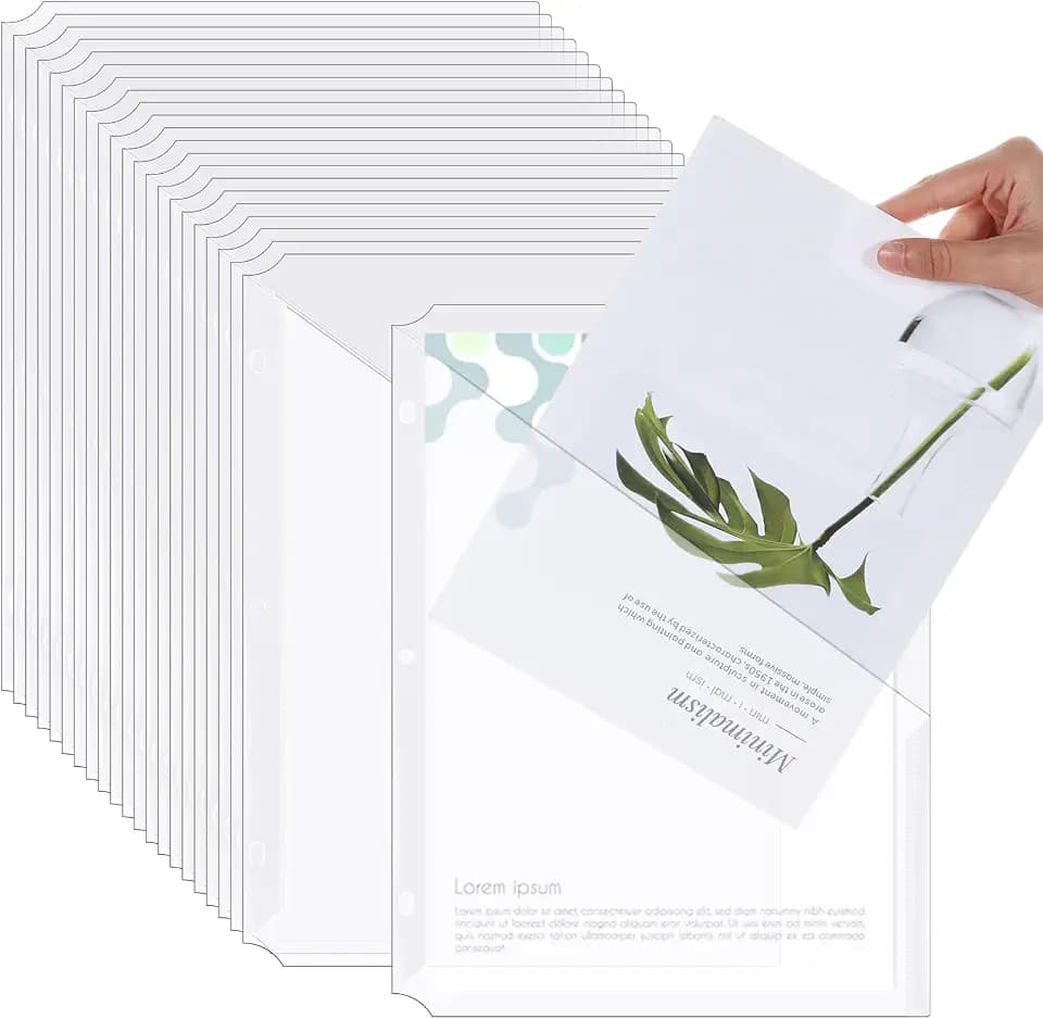 48 Pcs Binder Pockets for 3 Ring Binder Clear Plastic Folders Sleeves 3 Hole Punch Document Dividers Poly Slash File Jacket Organizer with Pockets for Office Home School, Clear