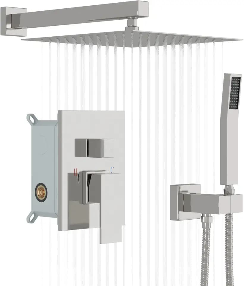 Lordear Rain Shower System Wall Mounted Shower Faucet Set - 12 Inch Stainless Steel Shower Head Handle Set and Solid Brass Valve, Chrome Polished Finish