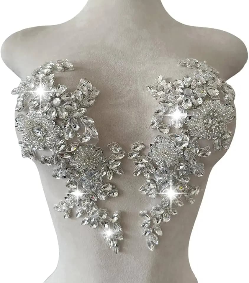 Handmade Shining Rhinestones lace Applique Patches Sewing Beads Sequins Stone Trim Accessories for Wedding Dress 1 Pair/Bag 11X4.3inches (Silver)