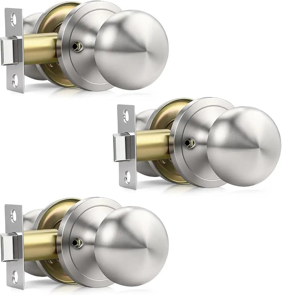 Passage Door Knob, Non-Locking Interior Door Knobs for Hallway Closet Laundry, Quiet Easy Install Round Knob for Standard Doors, Satin Nickel, 3 Pack