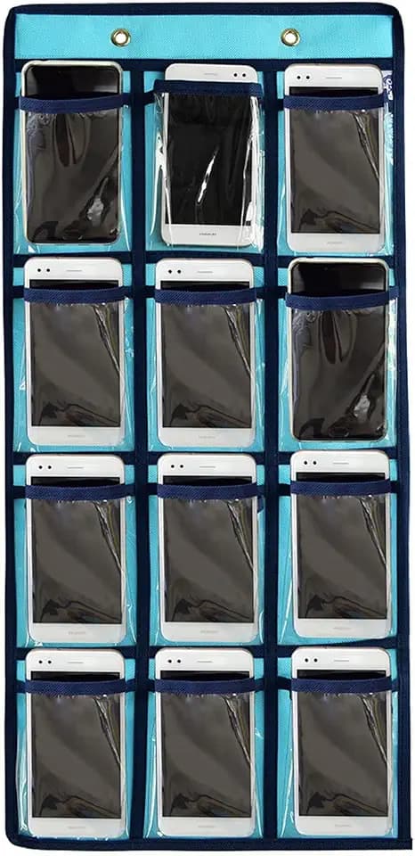 Classroom Pocket Chart For Cell Phones Calculators Over The Door Hanging Closet Underwear Sock Jewelry Organizer Holder 12 Clear Pockets (BLUE)